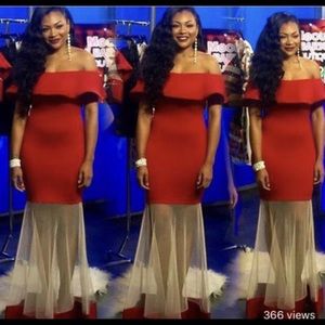 Red mermaid dress with mesh bottom train